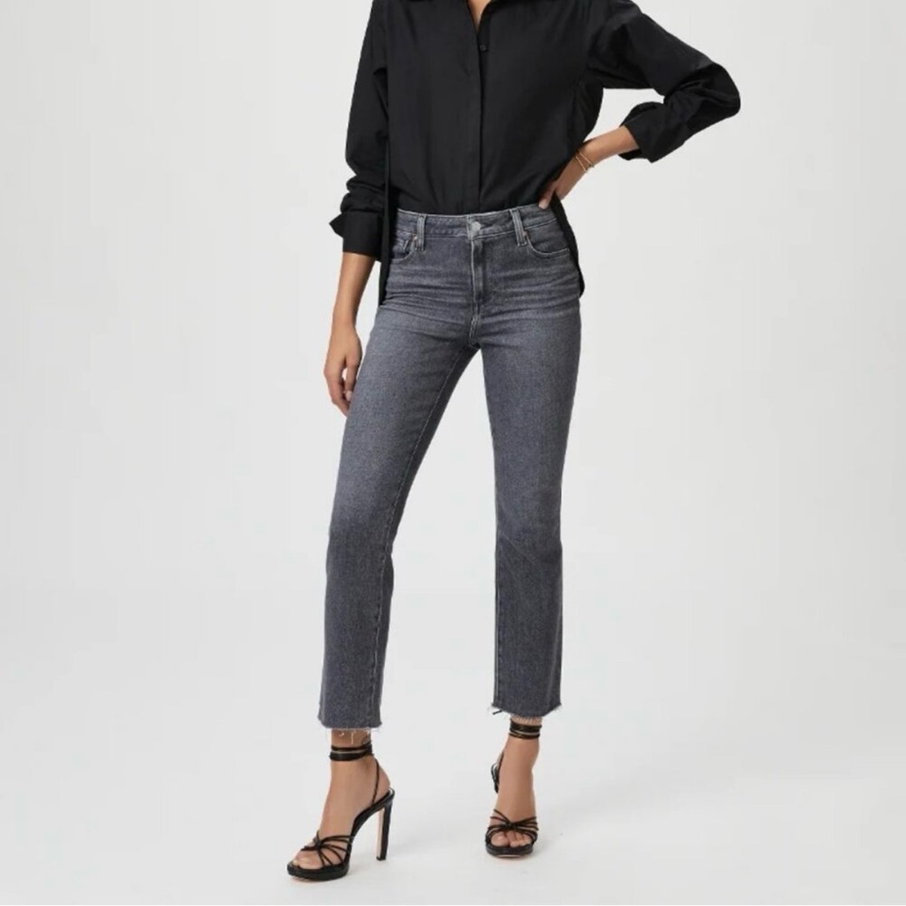PAIGE Cindy High Rise Straight Leg Raw Hem Jeans Ash Black Gray 28